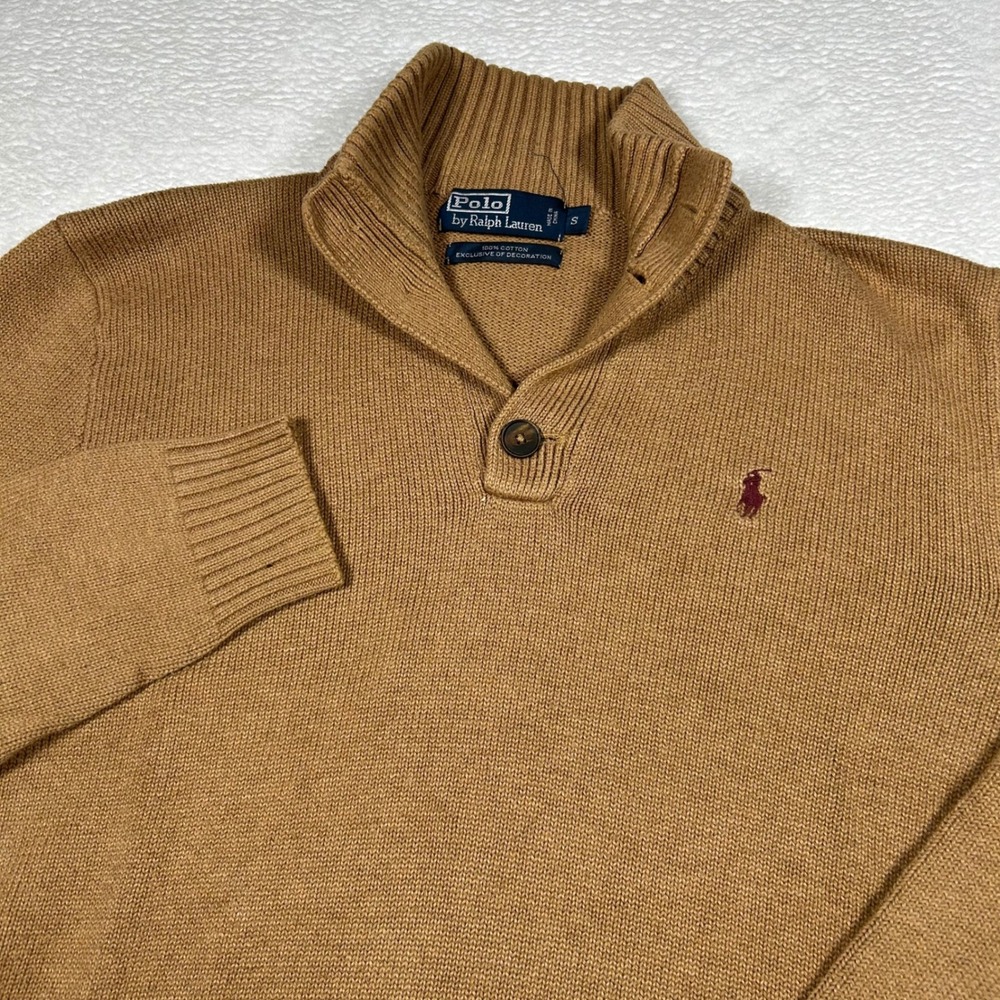 Polo Ralph Lauren Button Mock Neck Sweater Mens S Tan Brown Cotton Pullover Logo